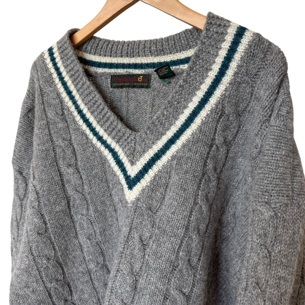 VTG! 90’s Hunting Horn Men's L Gray Cable Knit V-Neck Sweater 100% Wool Preppy